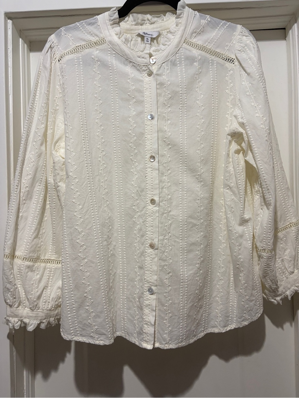 Reitmans Cream Embroidered Ruffle-Neck Button-Down Blouse